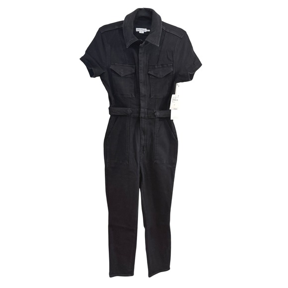 Good American Black Denim Short Sleeve Utility Jumpsuit Belted Zip Front Size M - Picture 8 of 15